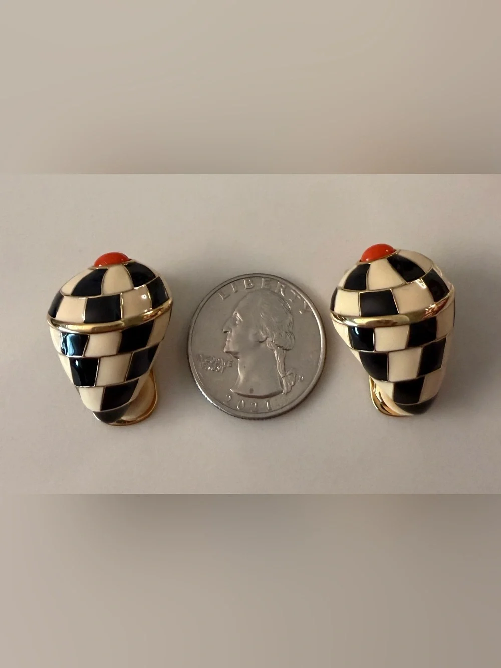 Kenneth Jay Lane  black & white checkerboard enamel, conch-shell-like earrings. - Picture 2 of 4